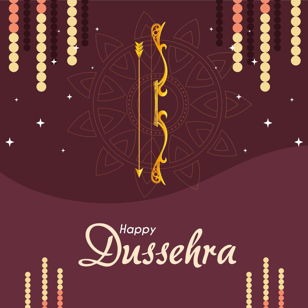 gold bow with arrow in front of mandala ornament of happy dussehra vector design