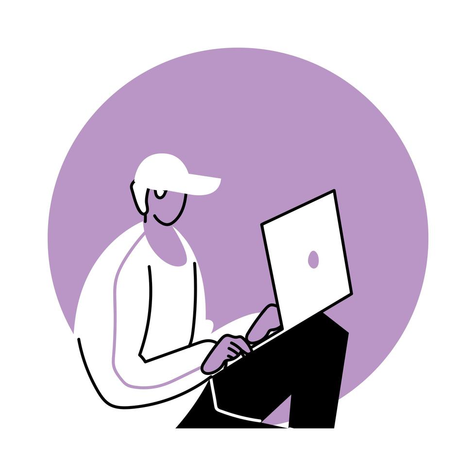 young man using a laptop vector