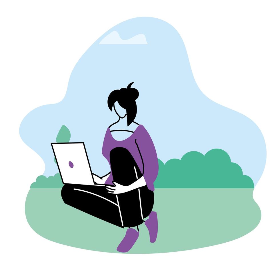 young woman with laptop in the park vector