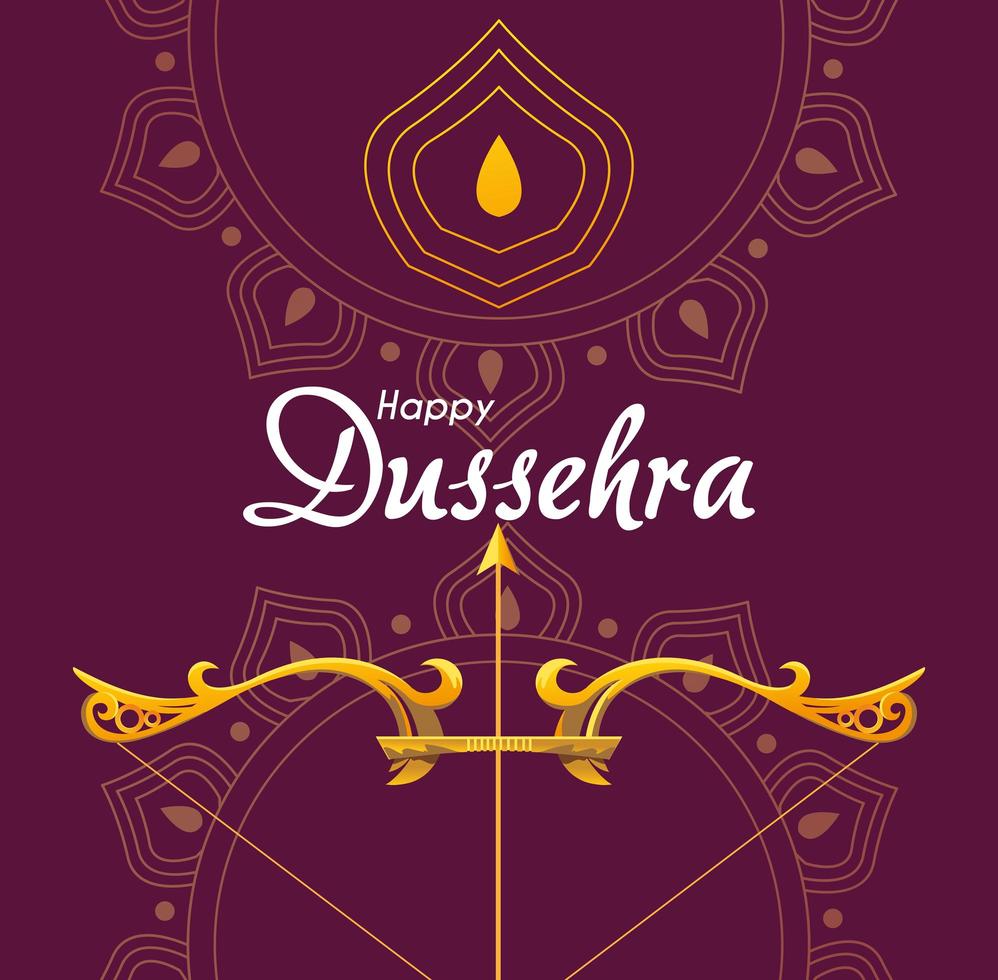 gold bow with arrow in front of mandalas ornaments of happy dussehra vector design