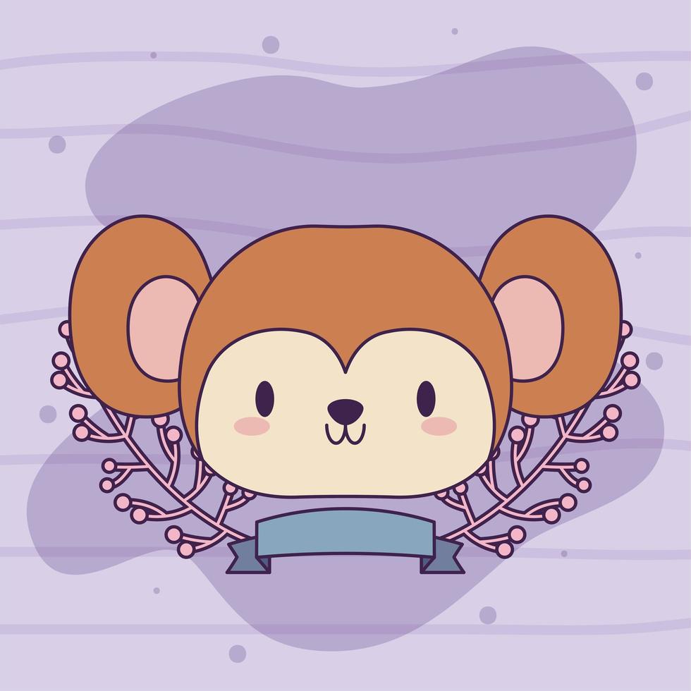 cute head of kawaii monkey with plants vector