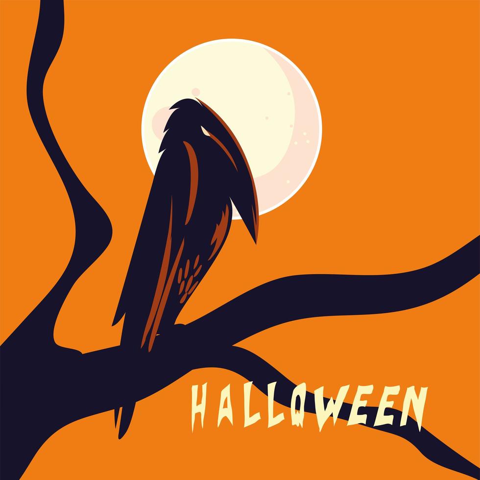 Halloween raven cartoon on tree vector design