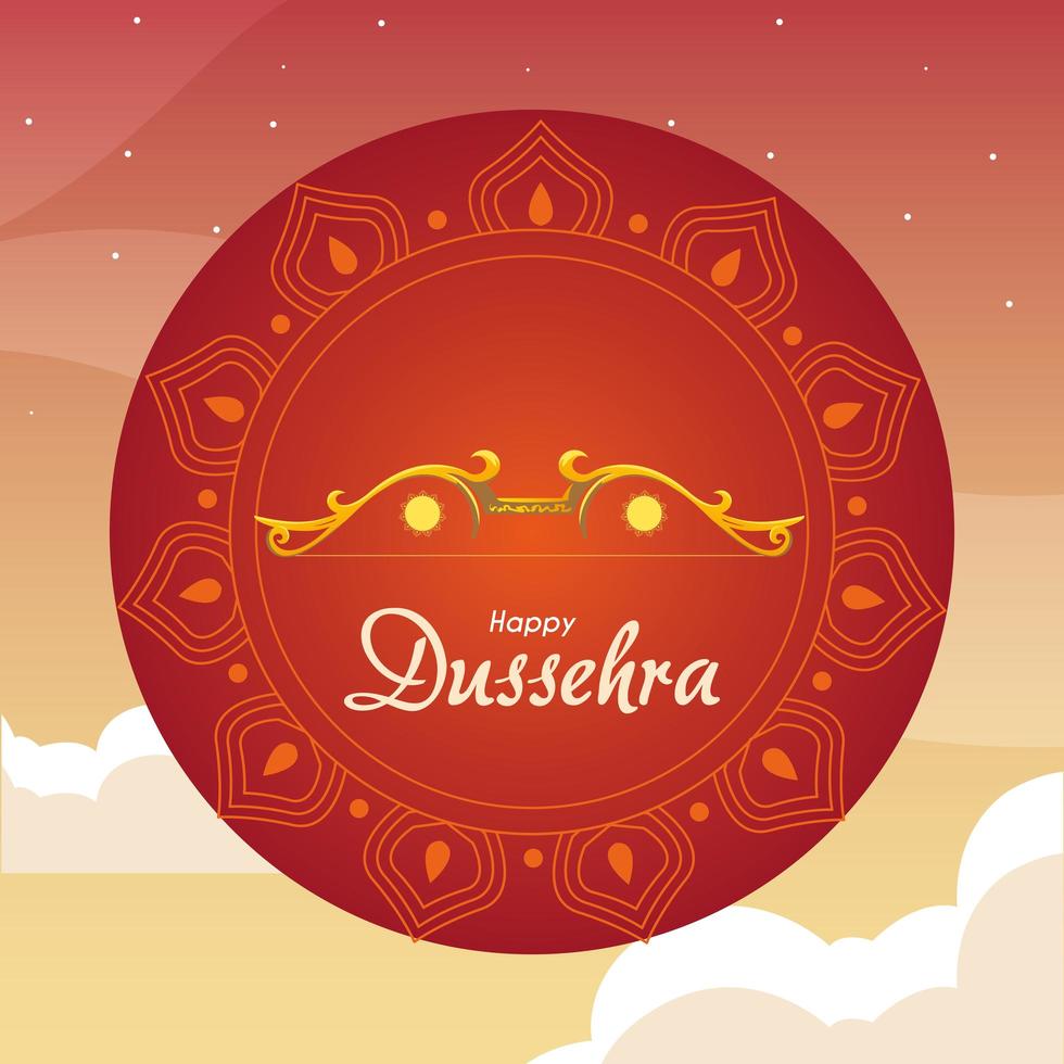 gold bow in front of red mandala ornament of happy dussehra vector design