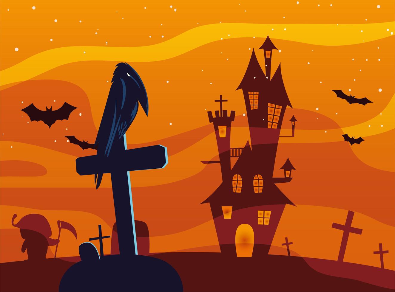 Halloween raven cartoon on grave in front of castle vector design