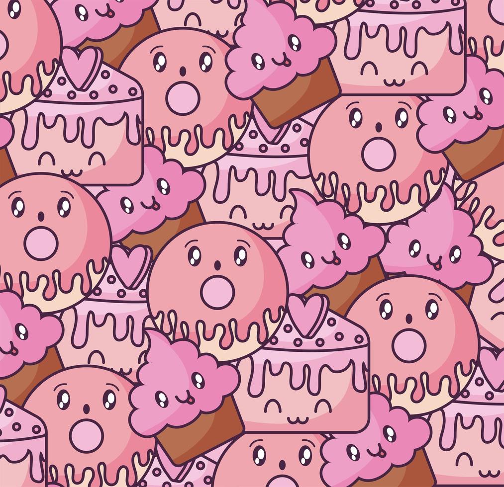 kawaii style donut and cupcakes pattern vector