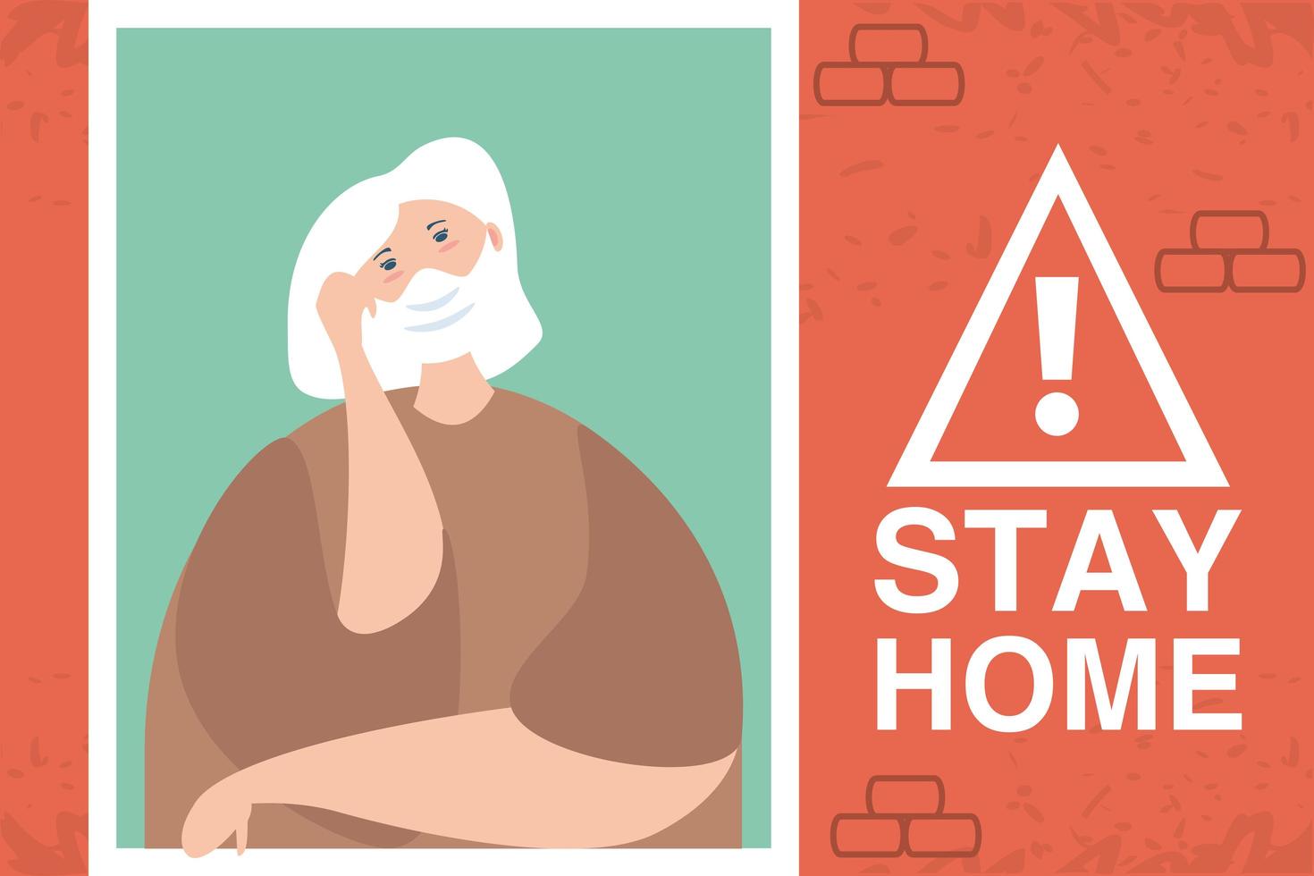 stay at home campaign, elderly woman in the house window vector