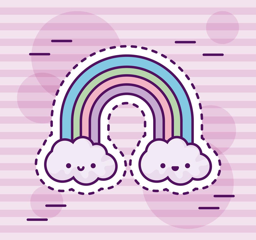 cute rainbow with clouds kawaii style vector