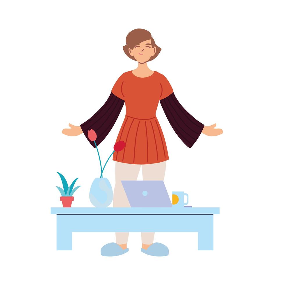 brown hair woman cartoon with laptop on table vector design