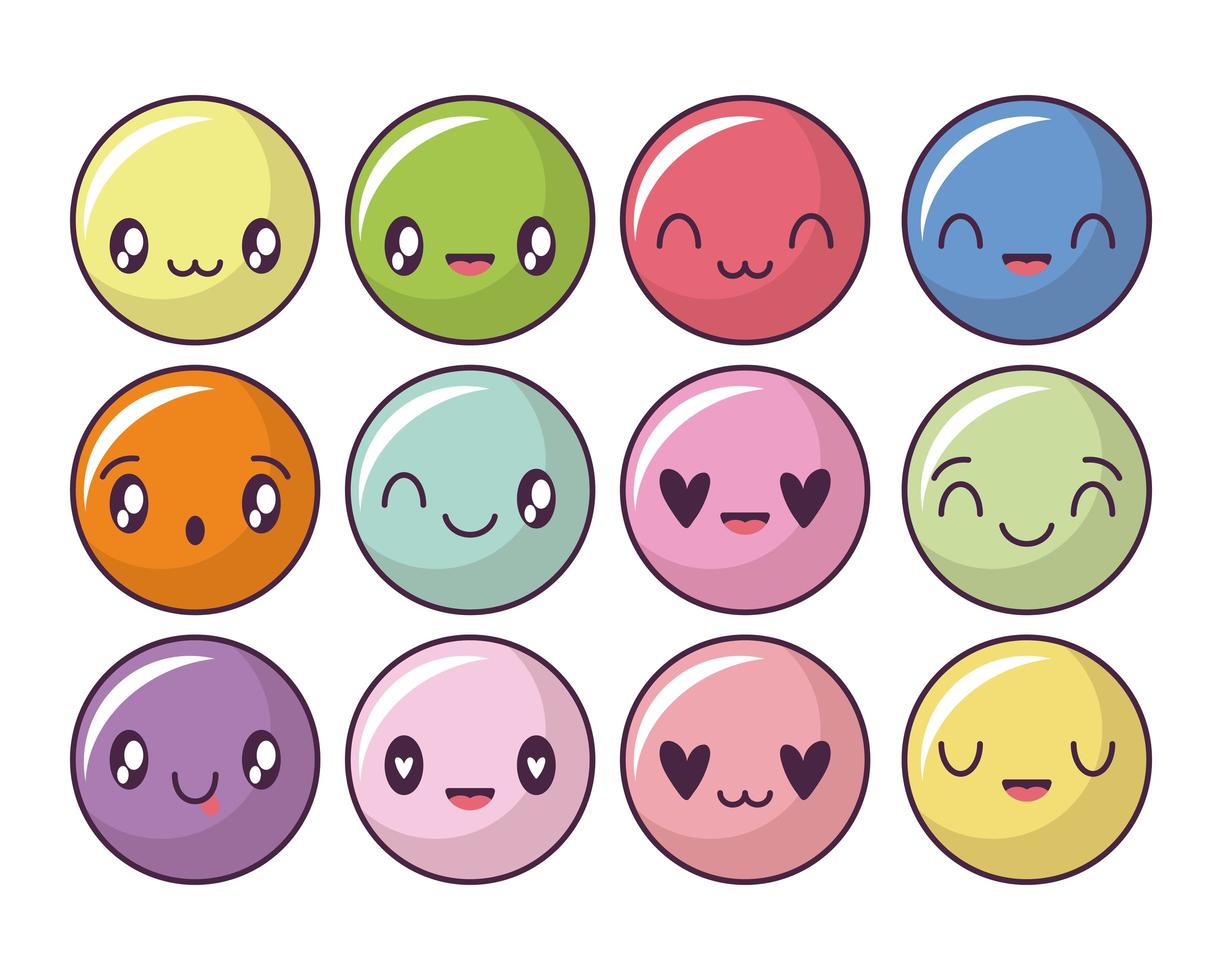 set of happy face icons, kawaii style emoticons vector