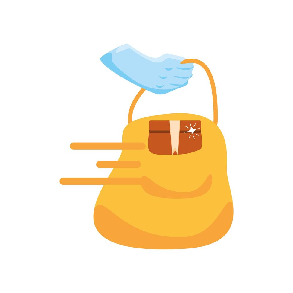 hand with protective glove carries delivery bag vector