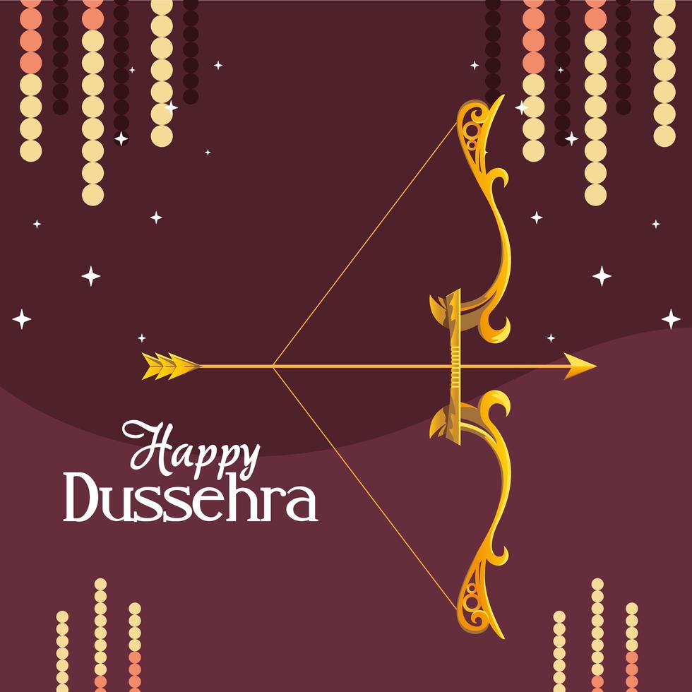 Arco dorado con flecha con estrellas sobre fondo morado de diseño vectorial feliz dussehra vector