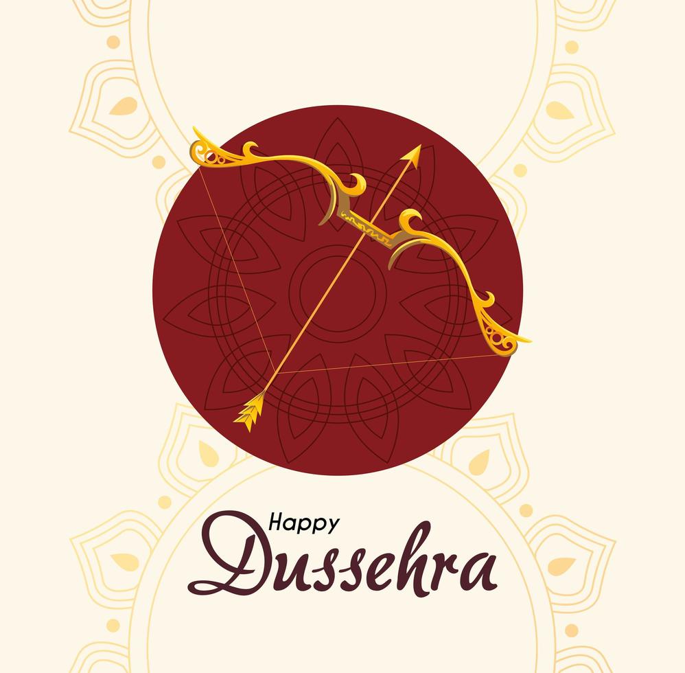 gold bow with arrow in front of red mandala ornament of happy dussehra vector design