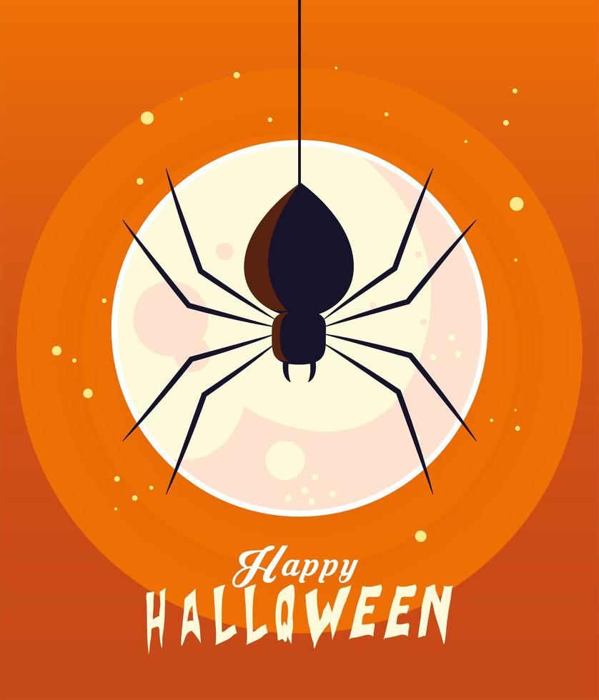 Halloween black spider in front of moon vector design