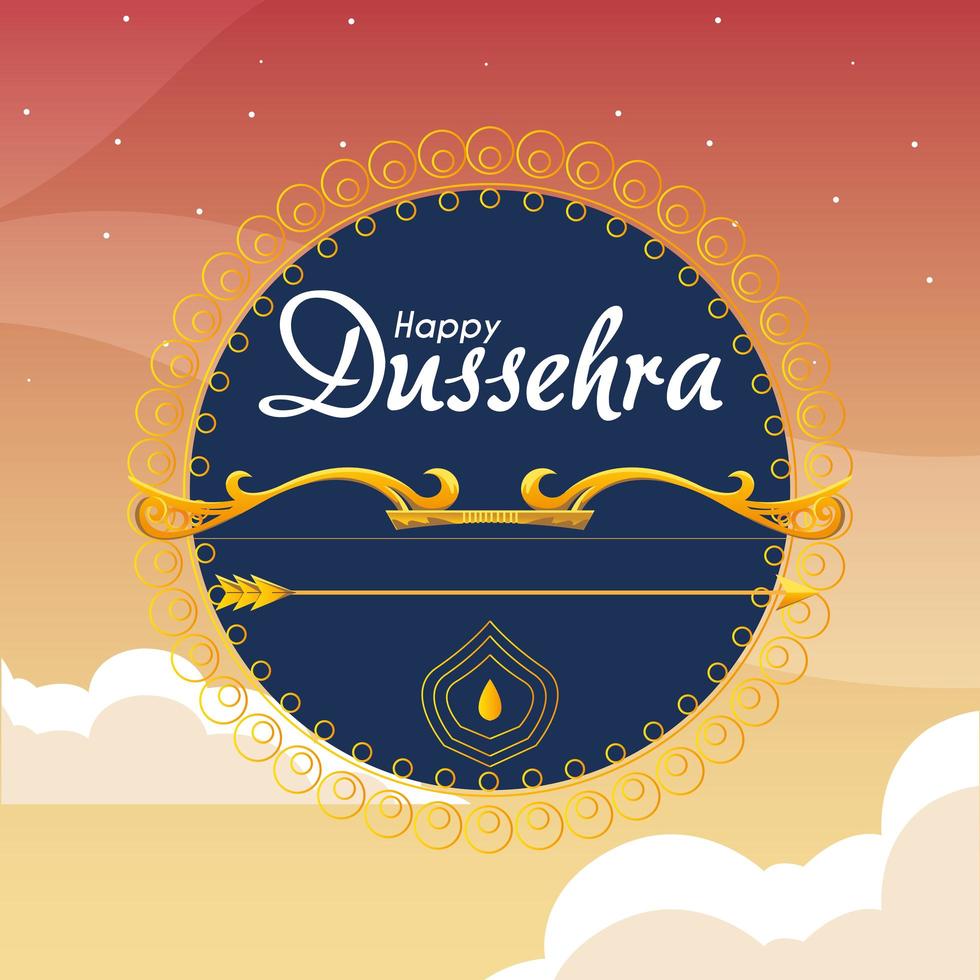 gold bow with arrow in front of blue mandala ornament of happy dussehra vector design