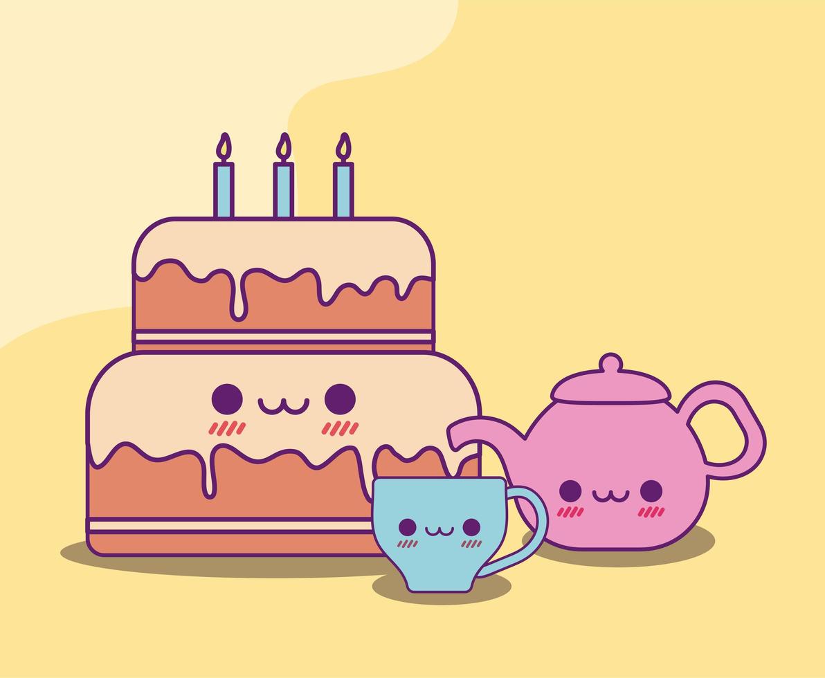 Kawaii cake taza de café y hervidor de agua diseño vectorial vector