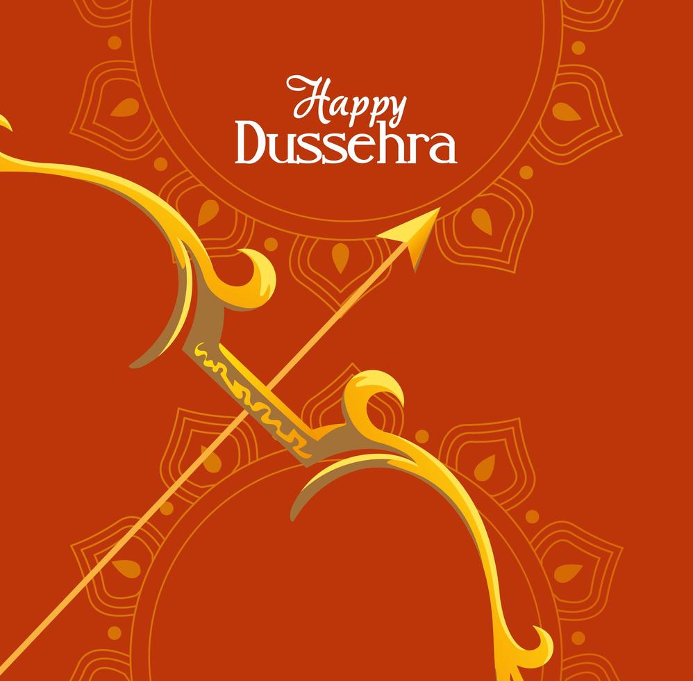 gold bow with arrow in front of mandalas ornaments of happy dussehra vector design