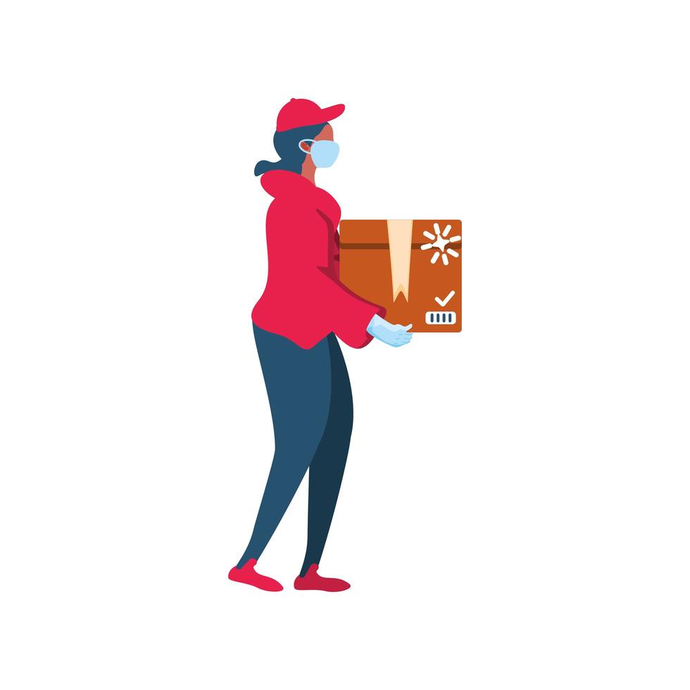 delivery girl with a protective mask carries package vector