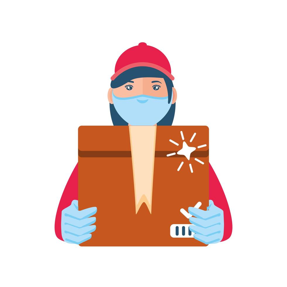 delivery girl with a protective mask carries delivery package vector