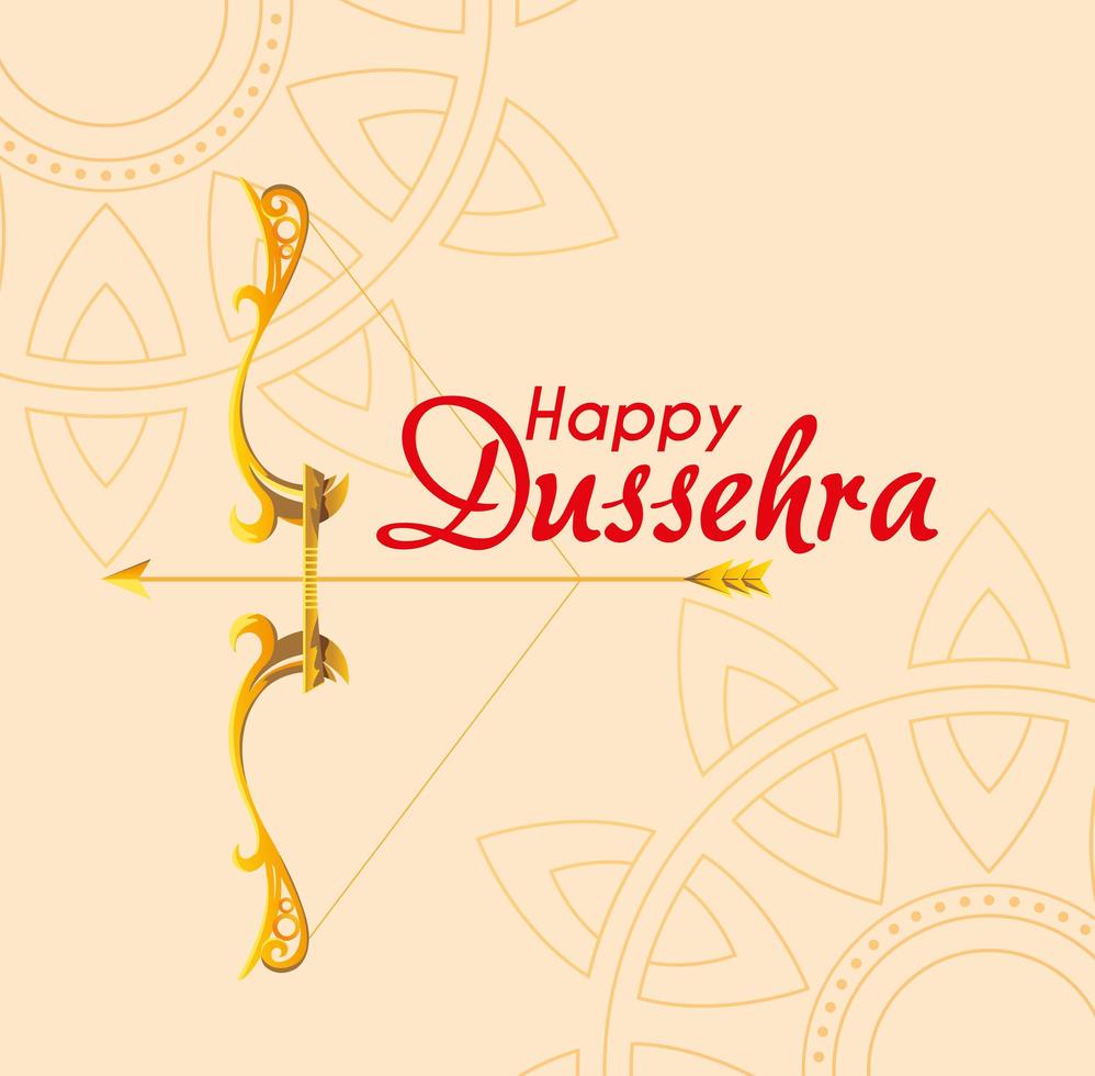 gold bow with arrow in front of mandalas ornaments of happy dussehra vector design