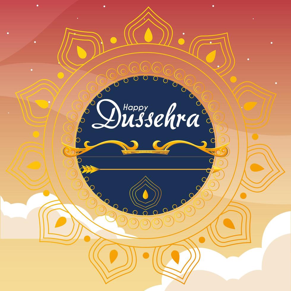 gold bow with arrow in front of blue mandala ornament of happy dussehra vector design