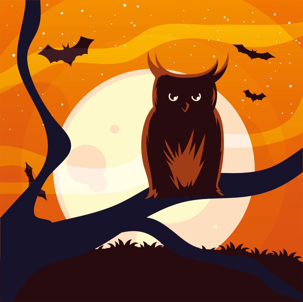 dibujos animados de búho de halloween en árbol frente a diseño de vector de luna