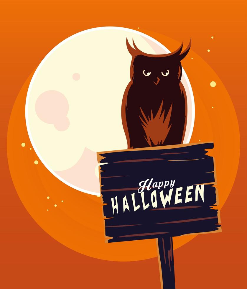 Halloween owl cartoon on wood banner in front of moon vector design