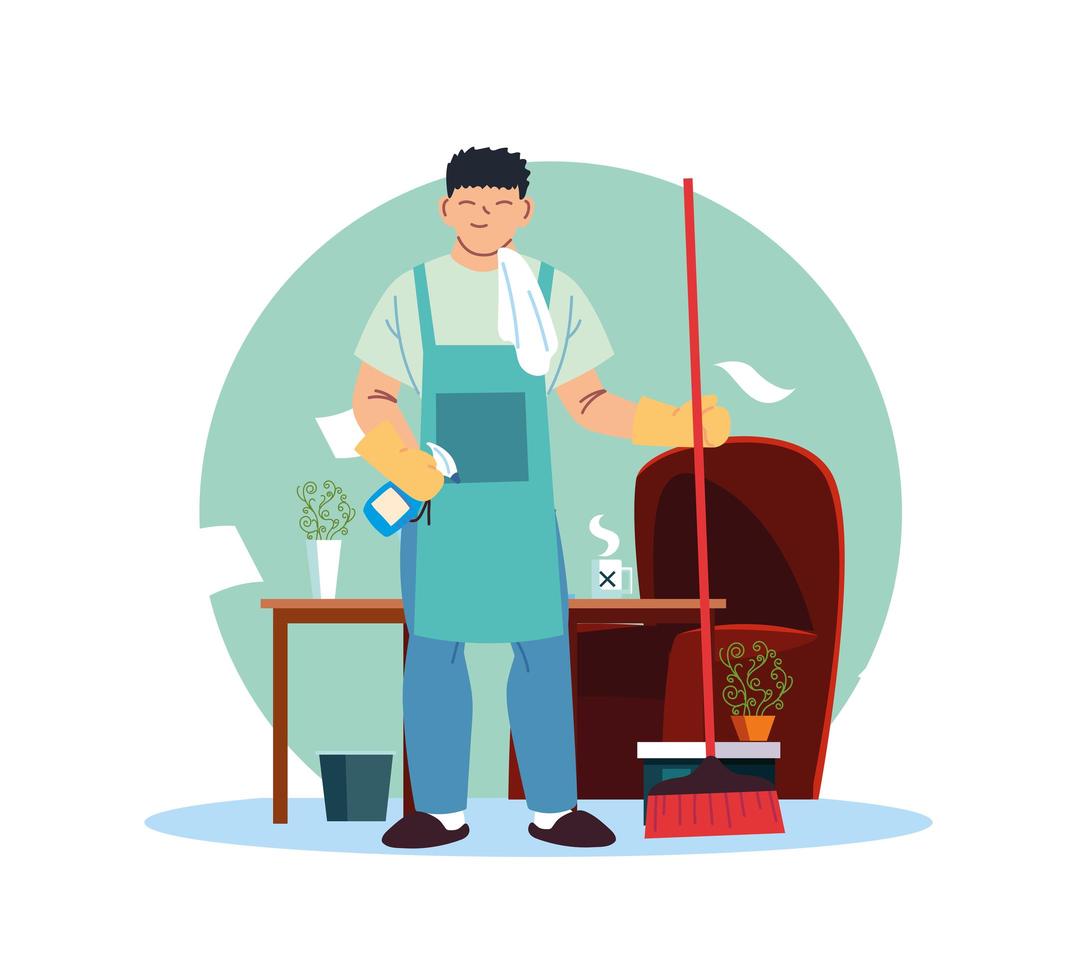 young man working in cleaning service at home vector