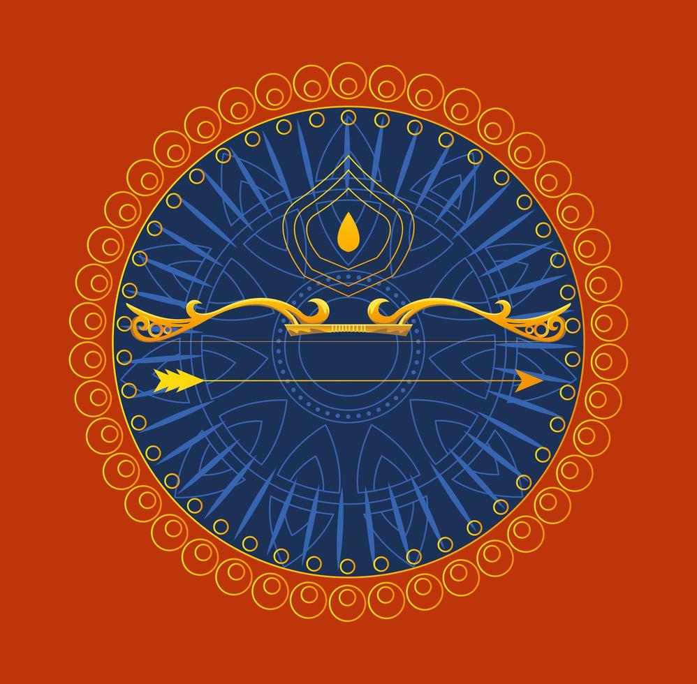 gold bow with arrow in front of blue mandala ornament of happy dussehra vector design