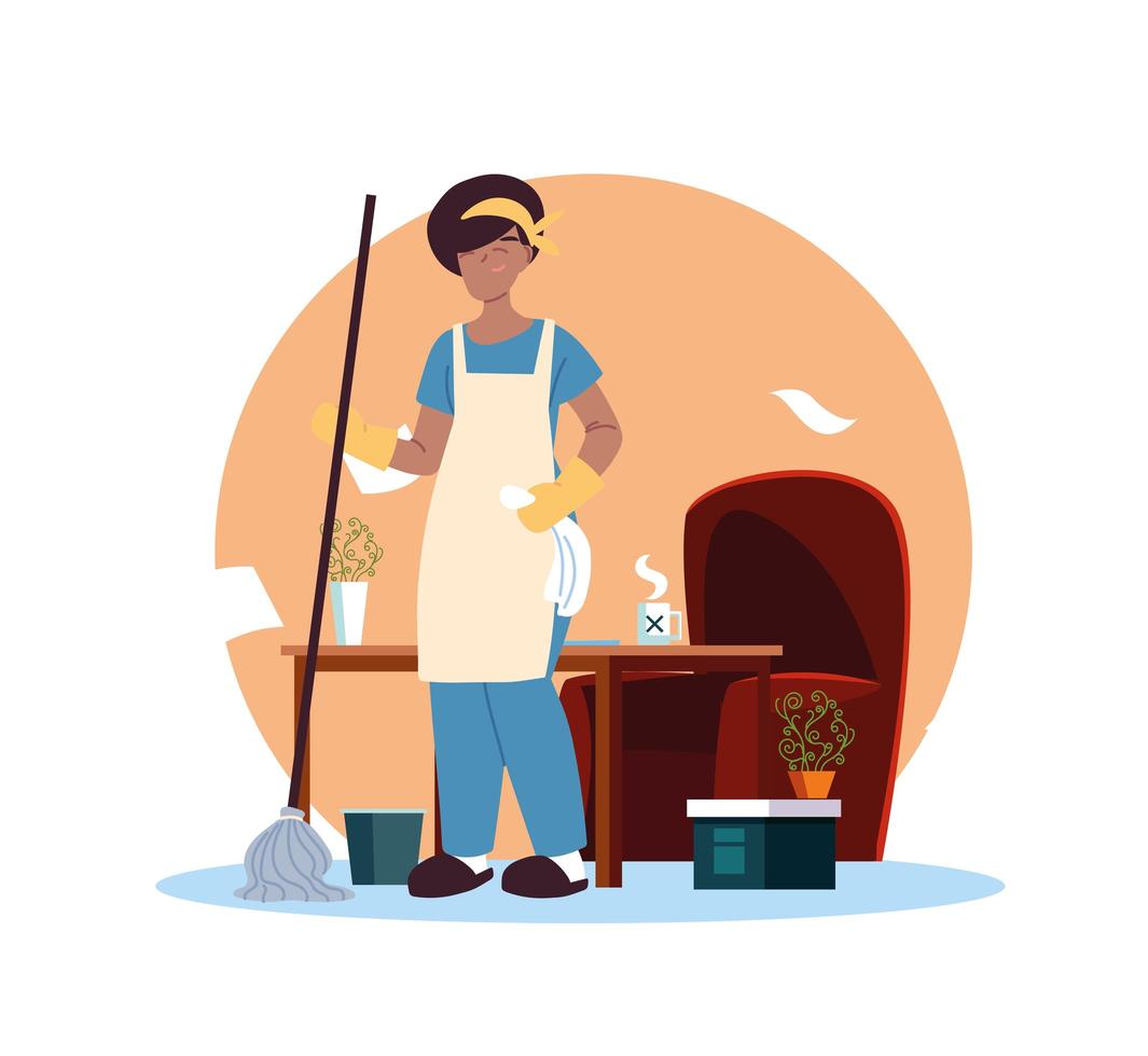 mujer joven, trabajando, en, servicio de limpieza, en casa vector