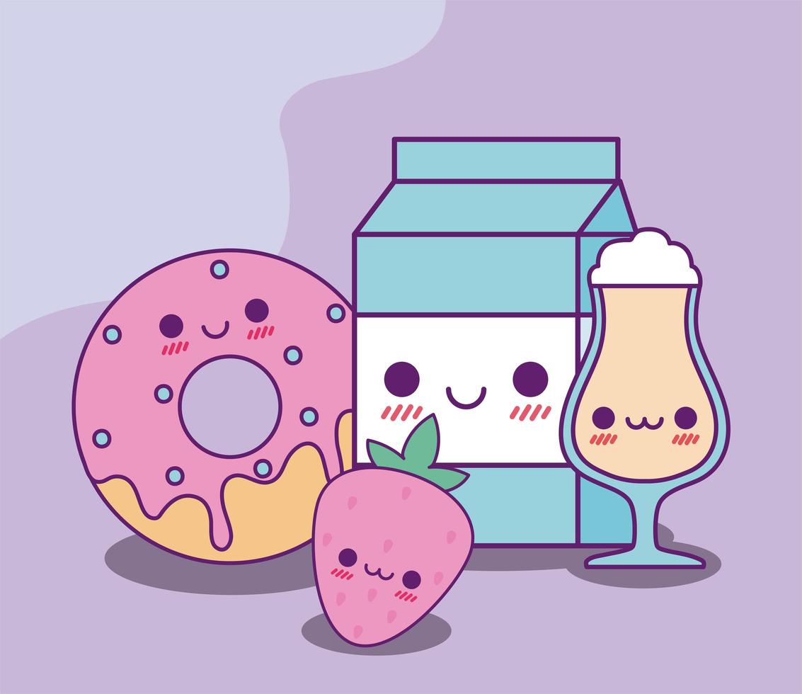 Kawaii donut milk box fresa y taza de café diseño vectorial vector