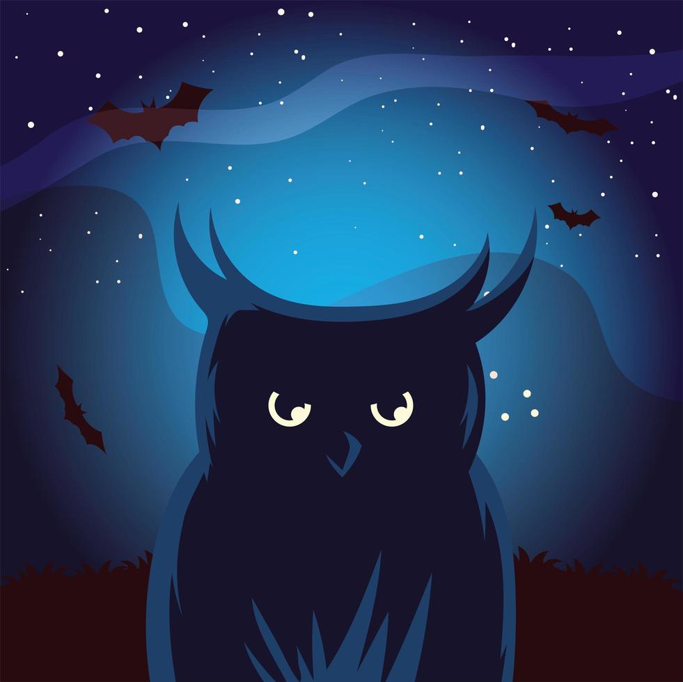 Halloween owl cartoon with bats at night vector design