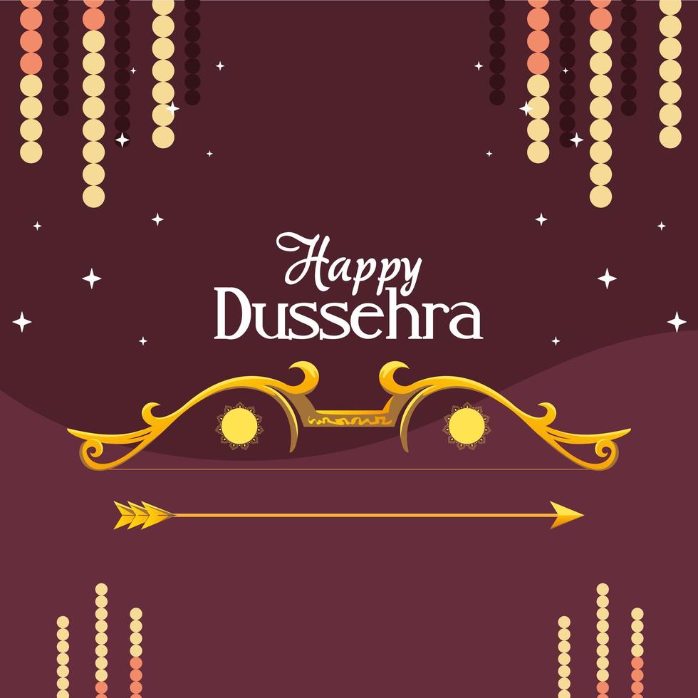 Arco dorado con flecha con estrellas sobre fondo morado de diseño vectorial feliz dussehra vector