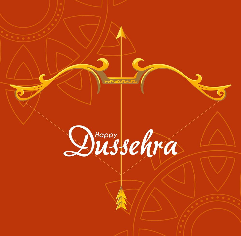 gold bow with arrow in front of mandalas ornaments of happy dussehra vector design