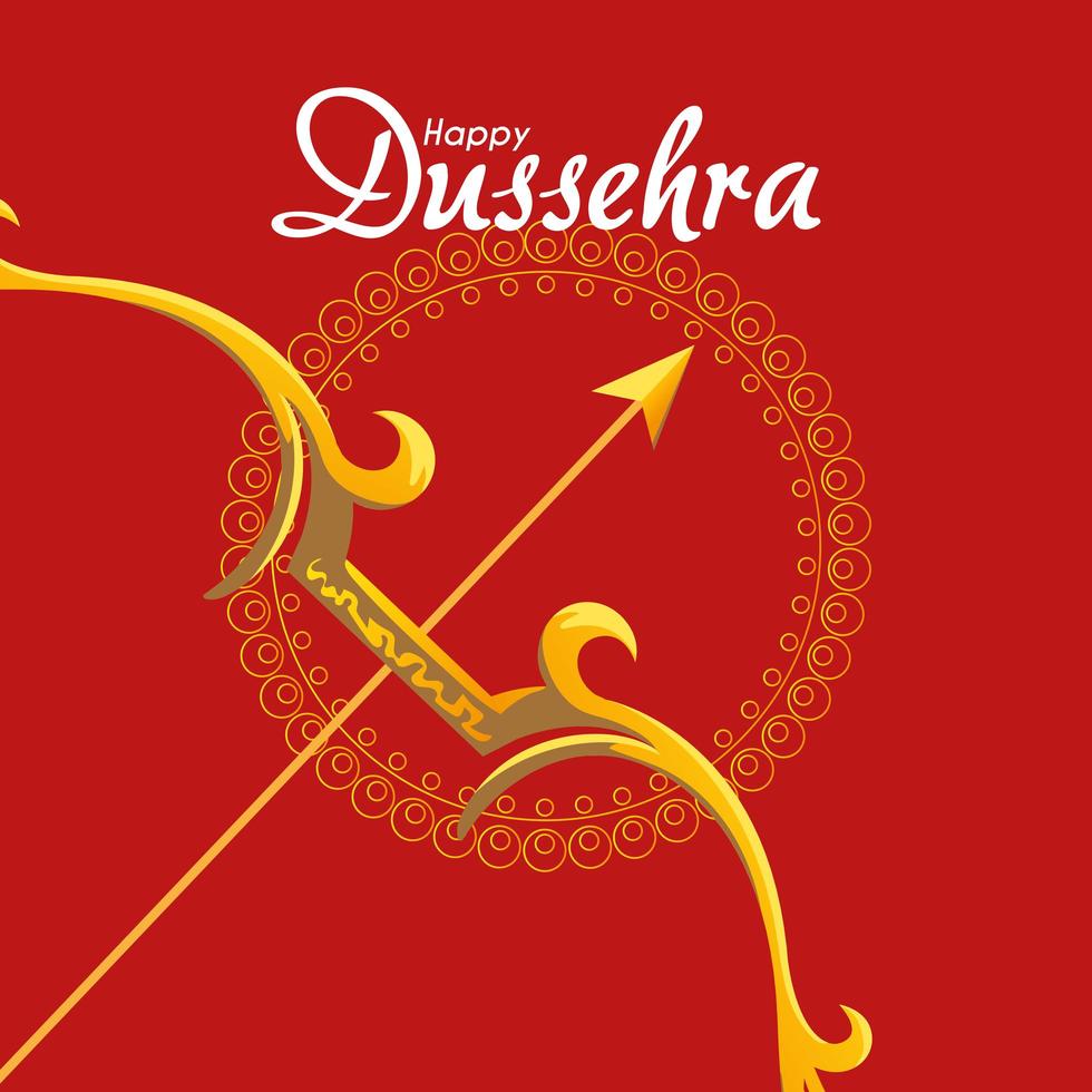 gold bow with arrow in front of mandala ornament of happy dussehra vector design