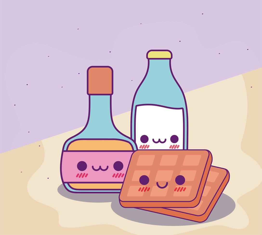 Kawaii botella de leche jarabe y waffles diseño vectorial vector