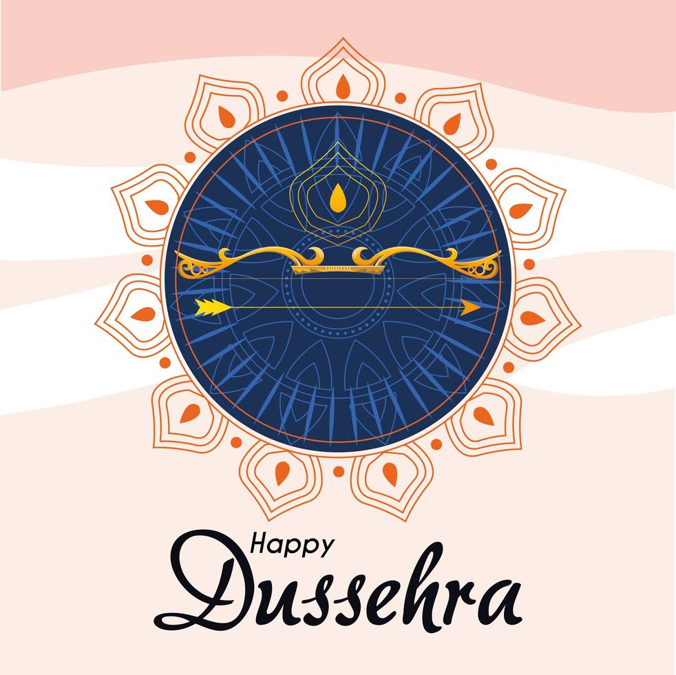 gold bow with arrow in front of blue mandala ornament of happy dussehra vector design