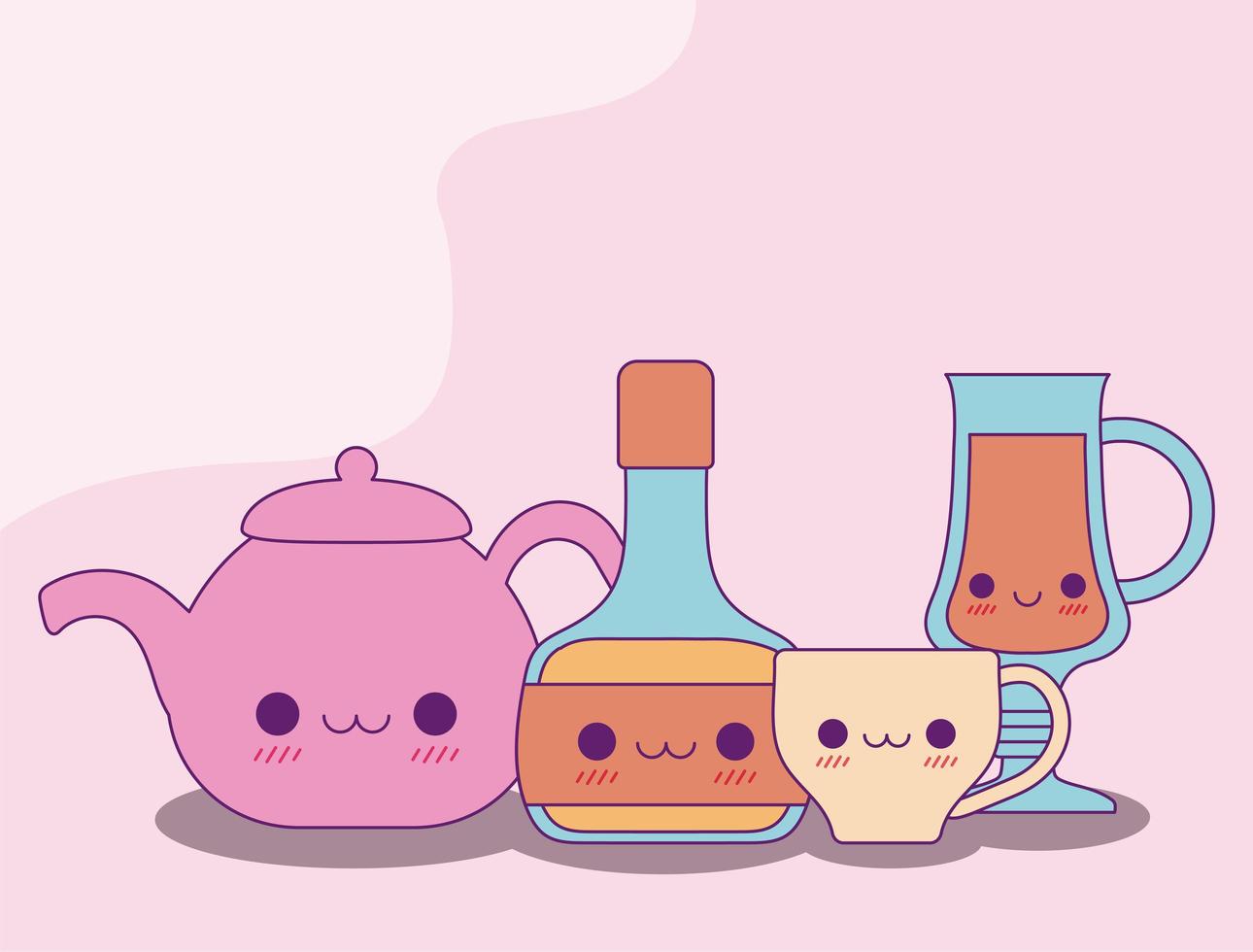 Kawaii kettle bottle mug and cup vector design