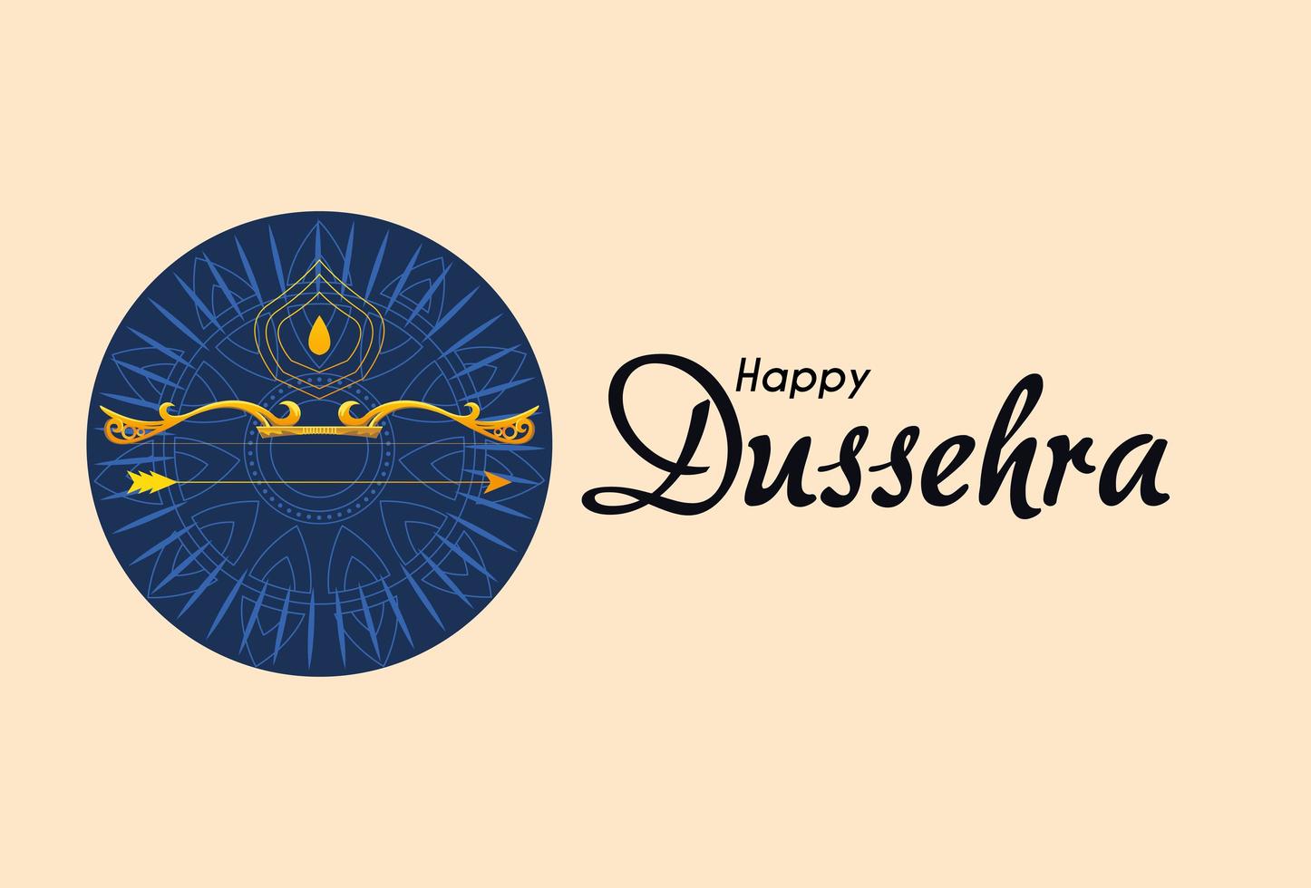 gold bow with arrow in front of blue mandala ornament of happy dussehra vector design