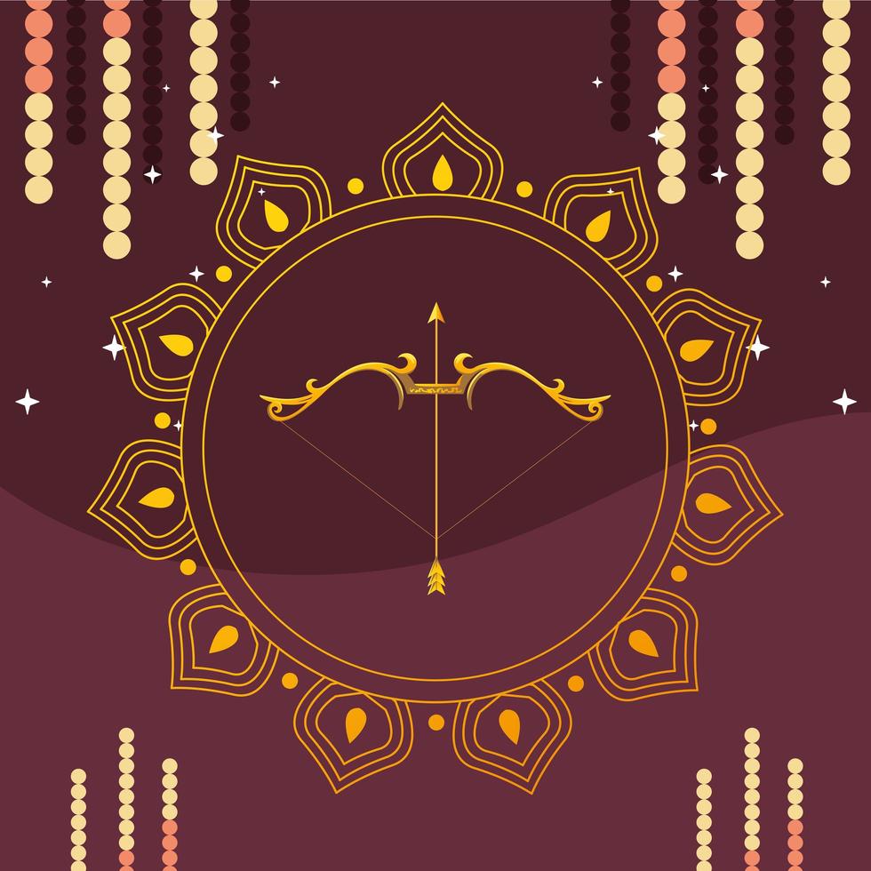 Arco de oro con flecha delante del ornamento de mandala de diseño vectorial feliz dussehra vector
