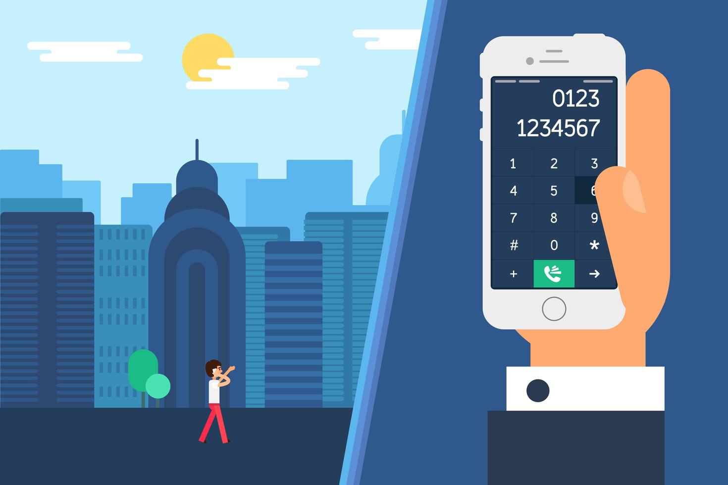 Smartphone with hand dialing and person walking in city on phone vector