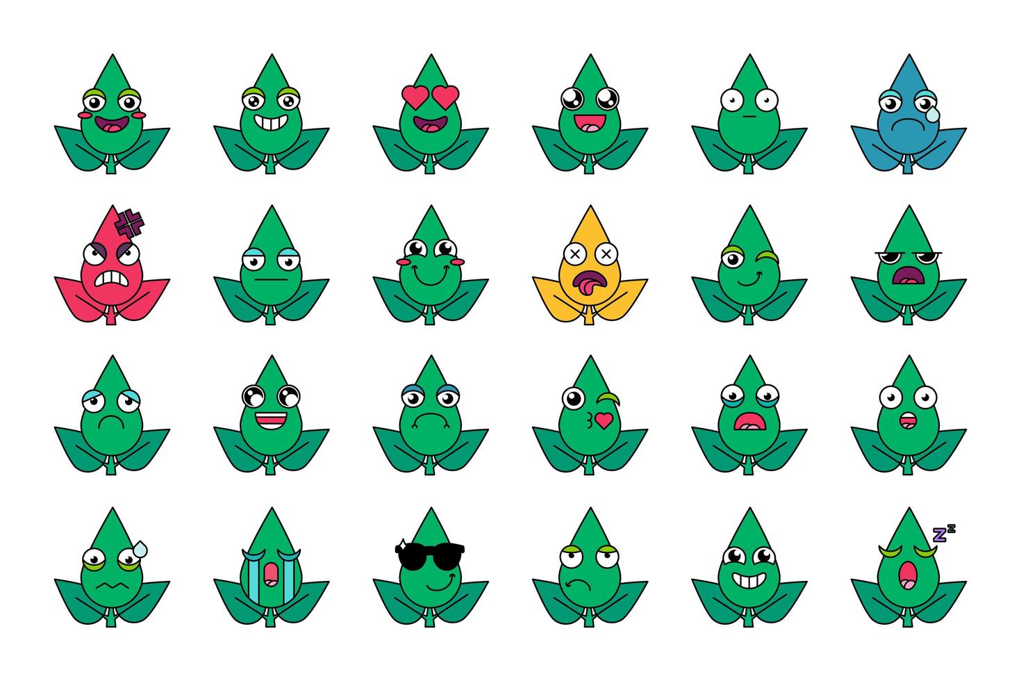 Green plants facial expressions icons set vector
