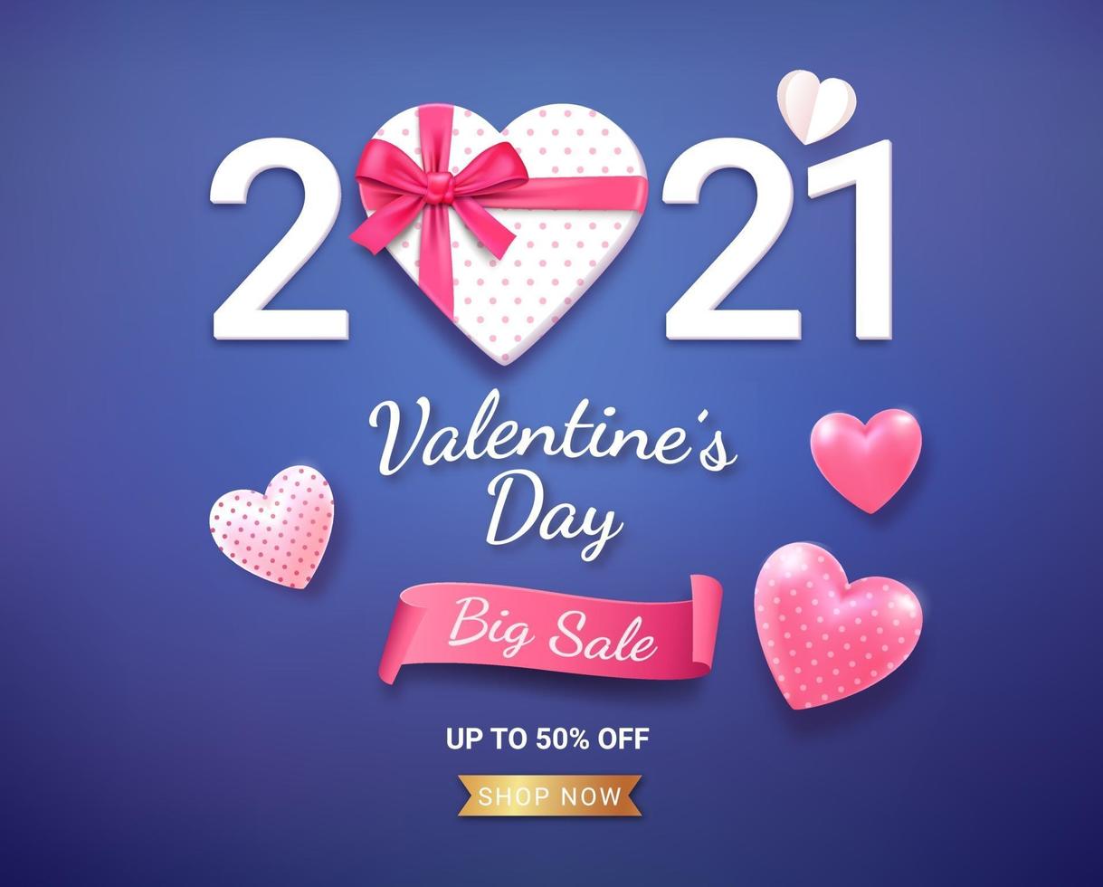 Gift box with red ribbon and 3d heart. Valentines day card background. vector