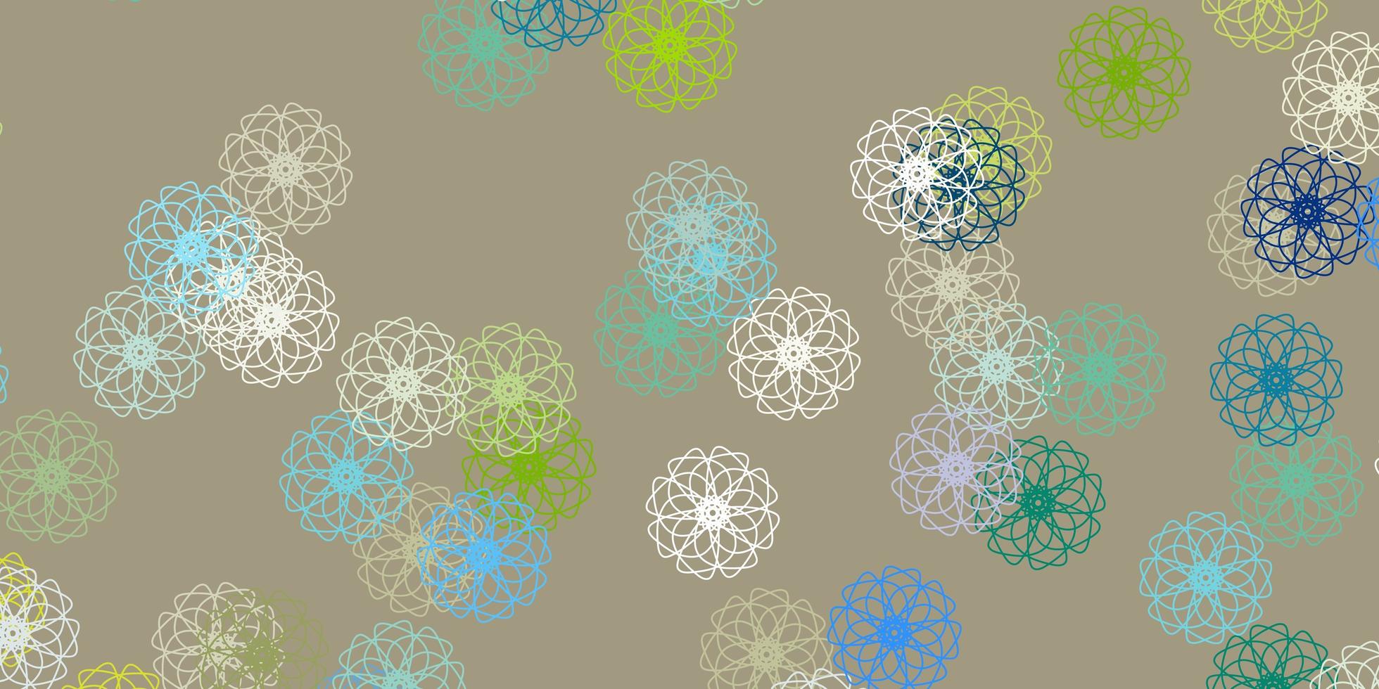 plantilla de doodle de vector azul claro, amarillo con flores.