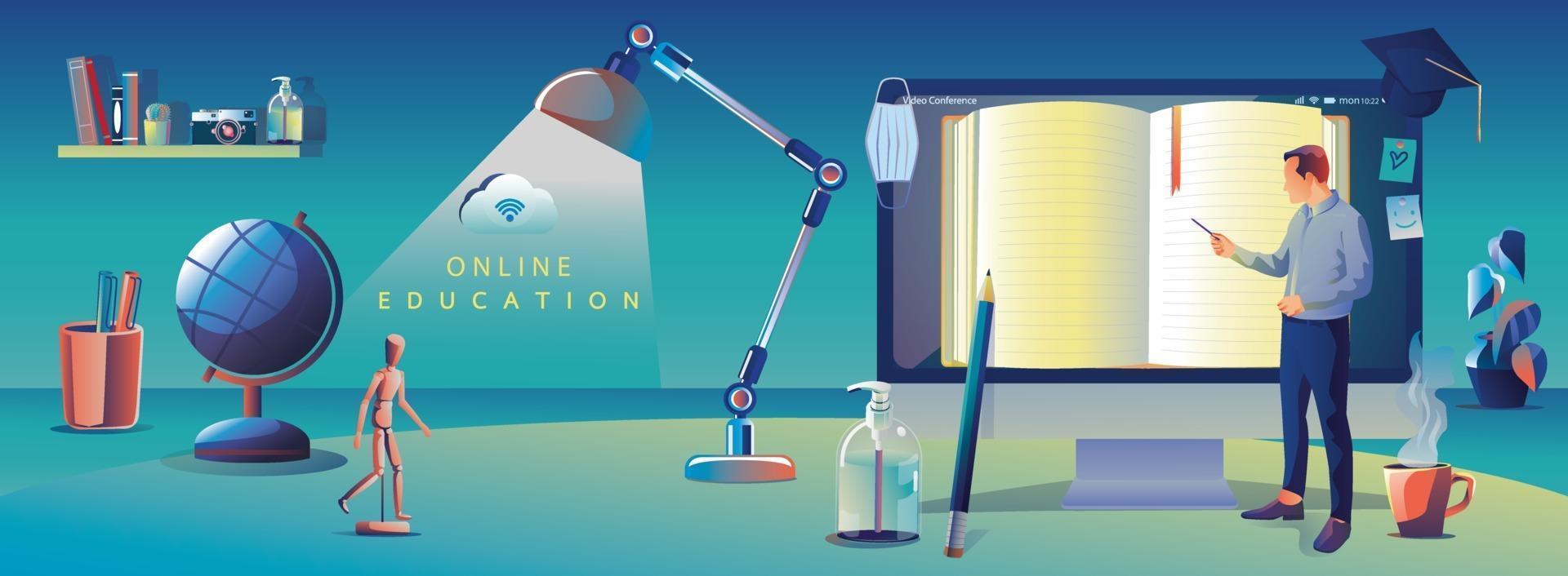 Online Education Application learning worldwide on Computer, mobile website background. social distance concept with books, lecture, pencil. The classroom training course, library Vector Illustration Flat