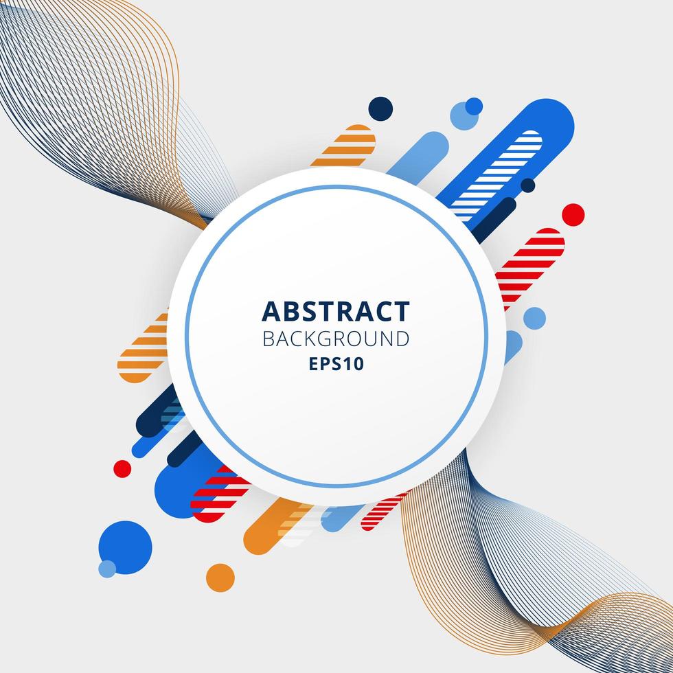 Abstract blue, orange and red color geometric composition made of various rounded shapes diagonal lines and wavy line elements with white circle space for your text vector