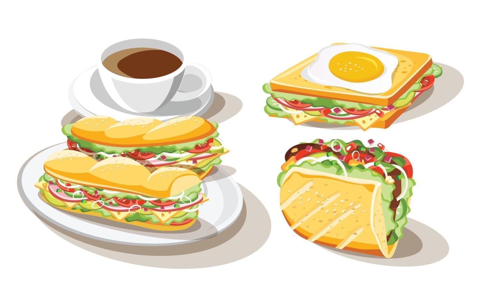 desayuno sándwich conjunto de alimentos sobre fondo blanco, ilustración vectorial vector