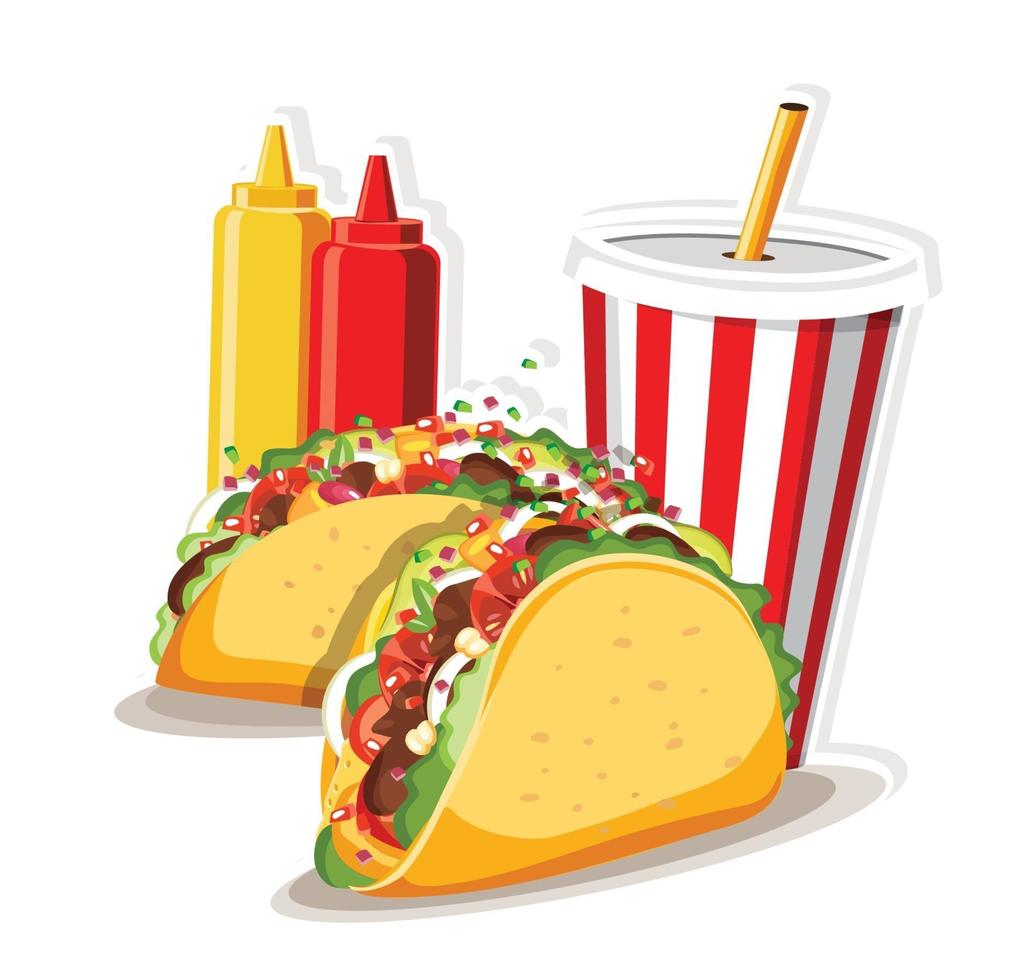 tacos con carne y verduras, taco mexico food vector illustration.