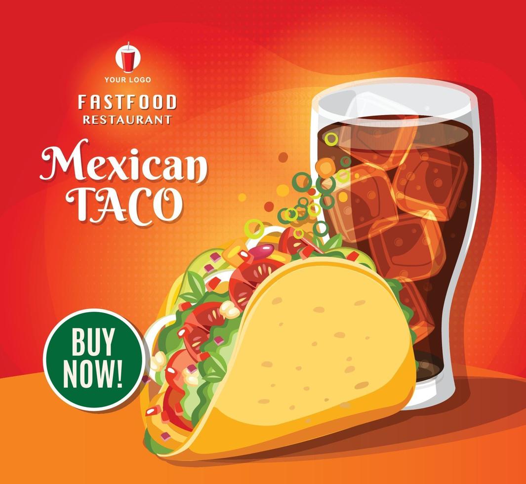 comida de taco tradicional, cocina mexicana, comida rápida, deliciosos tacos y cola, ilustración vectorial vector