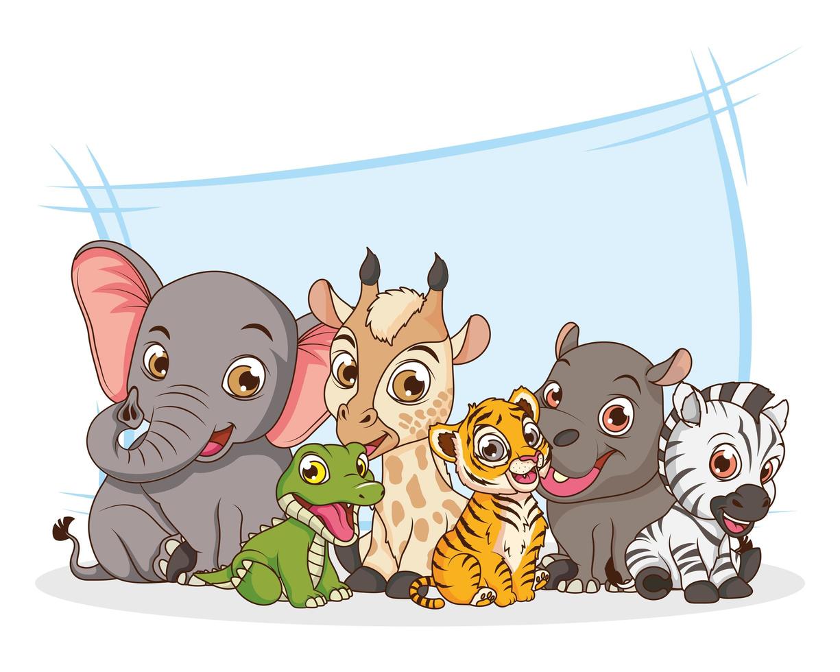 lindos seis animales bebés personajes de dibujos animados vector