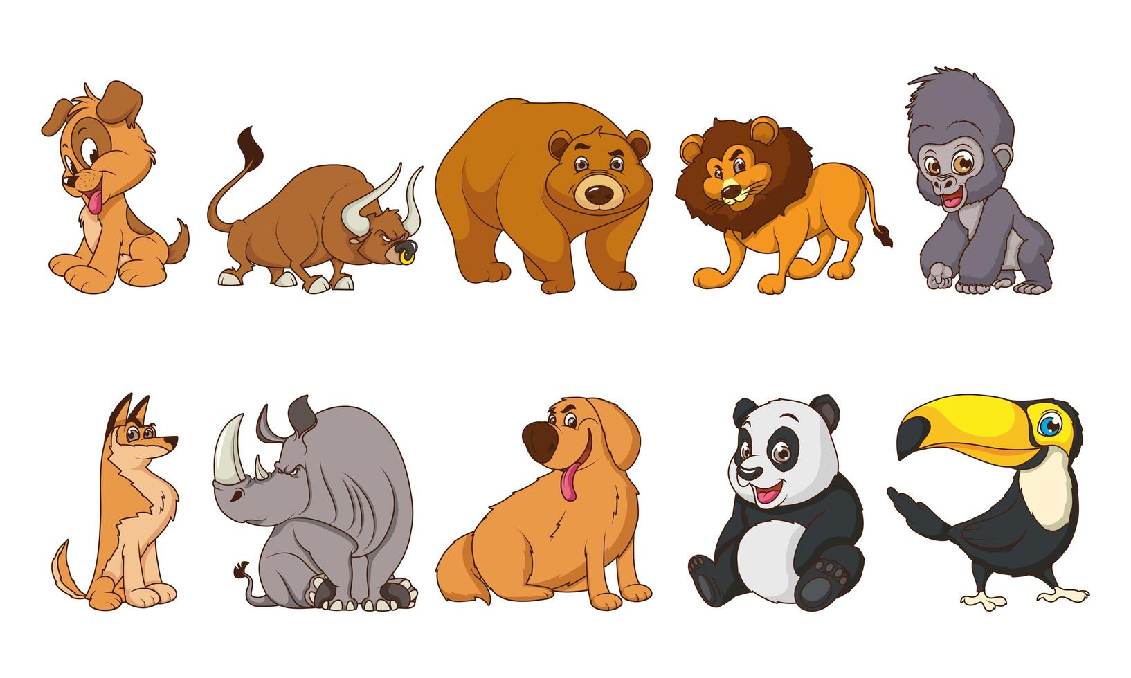 grupo de diez animales personajes de dibujos animados cómico vector